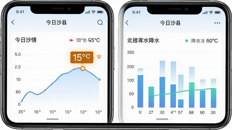 主体为“今日沙县”APP天气详情页,布局展示温度曲线与降水柱状图,排版数据可视化,风格清新,细节包含温度数字高亮显示,画质高清,干净无杂乱