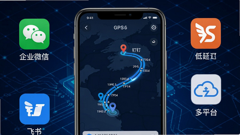 չʾ�������Ĺ��ܵ�ʾ��ͼ������Ϊ�ֻ���Ļ����Ļ������ʾһ����̬��GPS����켣ͼ����Χ�����š���ҵ΢�š������������������顱��ͼ�꣬��ʾ�������䣬����Ϊ����ɫ�Ƽ����������ֱ�ע���߾��ȡ��������ӳ١�������ƽ̨�������Ϊ�Ƽ��磬ϸ�ڷḻ�������������ɾ�������Ԫ��