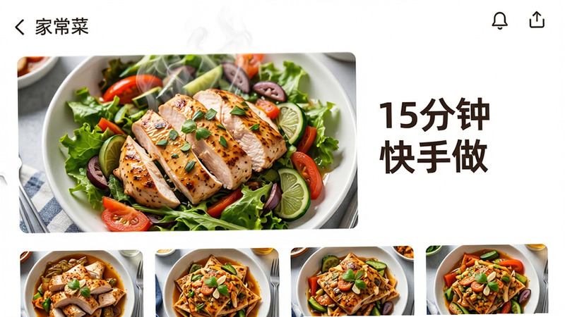 APP�ڡ��ҳ��ˡ�����ҳ���ͼ��������һ�����˵ĵͿ�������ɳ��ͼƬ���Ա���������˵����15���ӿ������������ֲ����ٲ���չʾ���·���������Ʒ����ͼ�����Ϊ��ʳ��Ӱ�ʸУ�ɫ���������˵����������壬�Ű��������£�����������ϸ�ڴ����������ڵĶ�̬Ч��������ɾ�����ˮӡ����������