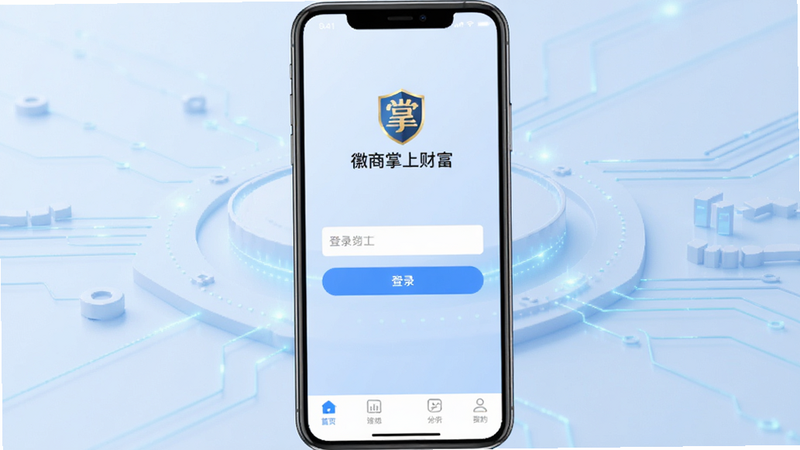 高清手机界面展示图,主体为‘徽商掌上财富’App登录页,布局居中显示Logo与输入框,背景为淡蓝色渐变科技风,排版简洁现代,风格商务专业,细节包含底部导航栏图标,画质4K,干净无多余元素