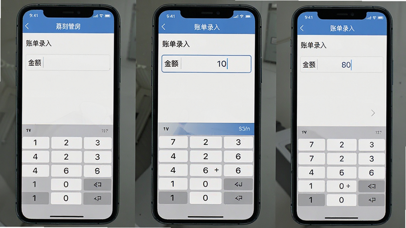 荔刻管房移动端操作界面截图,主体为手机屏幕显示账单录入页面,布局紧凑,排版清晰,风格实用主义,细节显示数字键盘和金额输入框,文字“账单录入”,画质清晰,干净,无多余元素