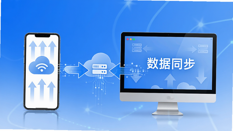 荔刻管房数据同步示意图,主体为手机与电脑屏幕连接画面,布局对称,排版科技感强,风格蓝白配色,细节显示云端同步箭头和数据流,文字“数据同步”,画质清晰,干净,无多余元素