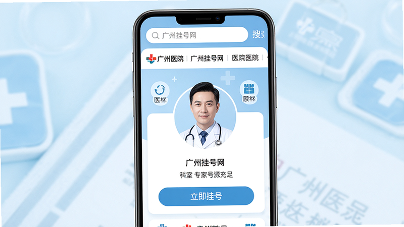 主体为广州挂号网App手机界面展示,布局清晰,顶部为搜索栏和医院列表,中间突出显示医生头像、科室名称及“立即挂号”按钮,背景为浅蓝色医疗主题,风格现代简洁,细节包含医院Logo和科室图标,文字内容为“广州挂号网”、“专家号源充足”,画质高清,干净无多余元素
