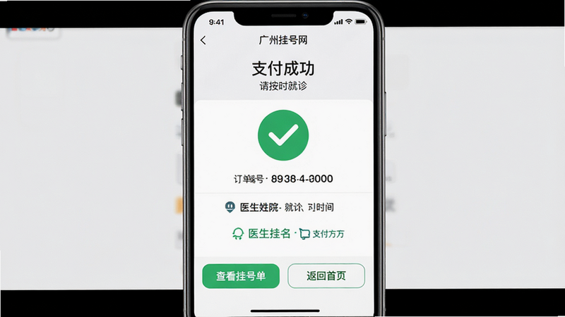 主体为广州挂号网App的支付成功页面,布局中心为绿色对勾图标,下方显示订单编号、就诊医院、医生姓名及就诊时间,底部为“查看挂号单”和“返回首页”按钮,背景为浅灰色,风格简约专业,细节包含支付金额和支付方式图标,文字内容为“支付成功”、“请按时就诊”,画质高清,布局规整