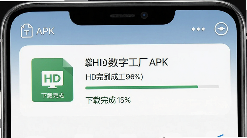 手机下载管理器界面,显示HD数字工厂APK文件下载完成状态,布局简洁,风格现代,细节包含文件大小和完成百分比,画质高清,干净,无多余元素,文字“下载完成”