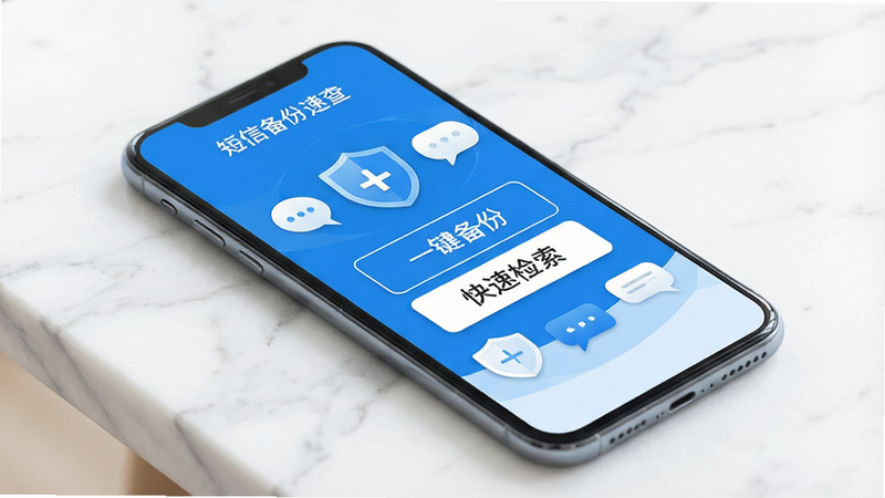 一部现代智能手机置于白色大理石桌面上,屏幕显示着名为