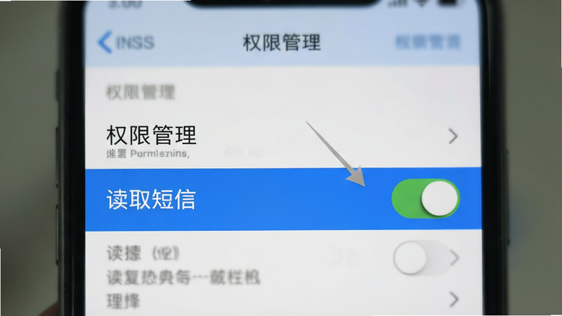 手机设置界面截图风格,显示“权限管理”选项,高亮显示“读取短信”权限开关为开启状态,背景模糊处理,突出权限设置的步骤,UI元素清晰,蓝色主题,简洁明了,指引用户正确配置权限
