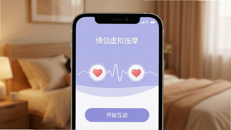 一张现代简约风格的手机屏幕特写,背景为柔和的暖色调卧室环境。屏幕中央显示着“情侣虚拟按摩”的应用界面,主色调为淡紫色与白色,界面中有两个心形图标通过波动线条连接,象征远程互动。底部有清晰的“开始互动”按钮。整体画面干净、无多余元素,高清质感,突出科技感与温馨氛围。