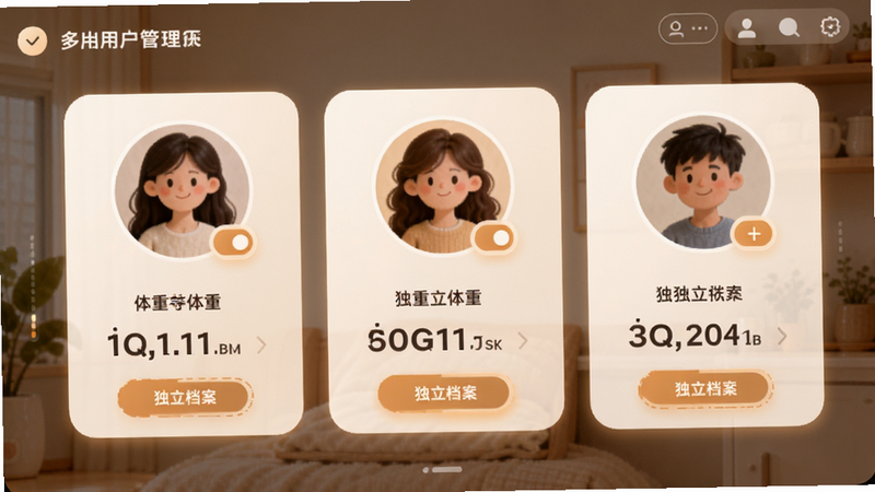 主体为多用户管理界面,布局显示三个并排的用户头像卡片,每个卡片下对应不同的体重数据,风格为温馨家庭科技风,细节处有切换按钮高亮,文字标注