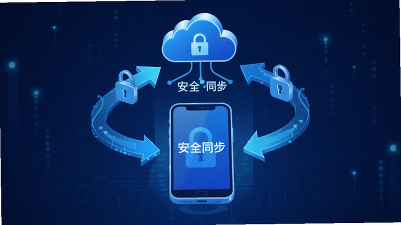 主体为数据云同步示意图,布局中心为手机图标,上方有云端图标,箭头表示双向传输,风格为科技感蓝色调,细节处有锁形图标表示安全,文字标注