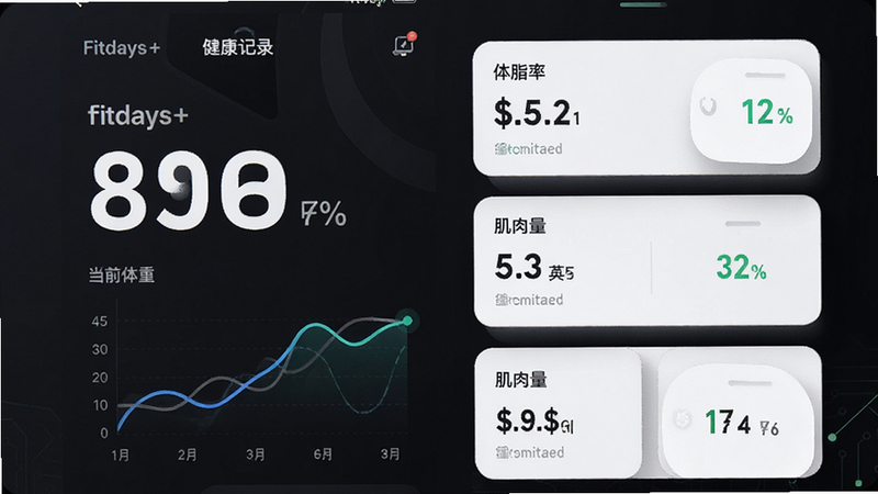 主体为Fitdays+手机App界面展示,布局采用左右分栏,左侧显示巨大的当前体重数字与趋势折线图,右侧列出体脂率、肌肉量等详细数据卡片,风格为现代极简科技风,细节处有柔和的阴影效果,文字清晰可见包含