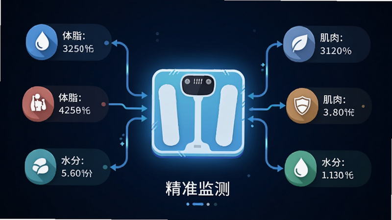 主体为智能体脂秤数据解析示意图,布局中心为一个发光的智能秤图标,周围环绕着体脂、肌肉、水分等数据标签,通过线条连接,风格为扁平化信息图表,细节展示数据流动过程,文字标注
