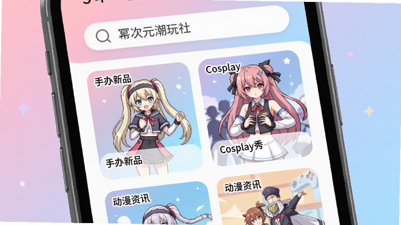 主体为手机屏幕界面,显示'幂次元潮玩社'APP首页,布局整洁,顶部为搜索栏,下方网格展示'手办新品'、'Cosplay秀'、'动漫资讯'等板块,风格为清新二次元扁平化设计,细节包含柔和的粉色与蓝色渐变背景,画质高清,无多余元素,文字清晰可见:'幂次元潮玩社'
