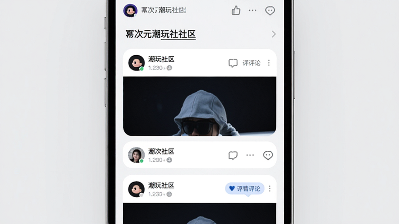 主体为手机APP社区界面,展示'潮玩社区'板块,布局为瀑布流帖子列表,风格为现代极简,细节包含用户头像、点赞数、评论气泡,背景为浅灰色,文字标注:'幂次元潮玩社社区',画质干净,无水印