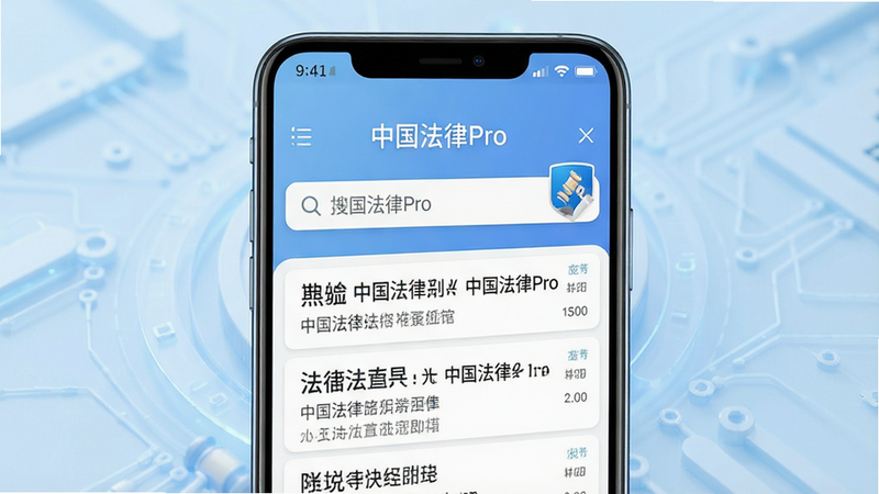 一张展示中国法律Pro安卓版应用界面的高清图片,主体为手机屏幕,屏幕中央显示搜索框,下方列出几条清晰的法律法规条目,背景为柔和的浅蓝色科技风,布局整洁,排版清晰,风格现代简约,细节丰富,画质清晰,干净,无多余元素,文字“中国法律Pro”清晰可见