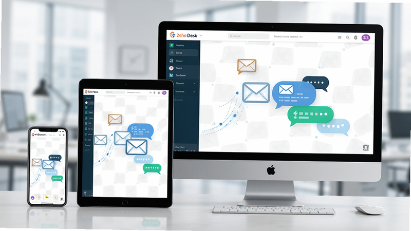 ����Ϊ���豸Эͬ��������������չʾ�ֻ���ƽ���������Ļͬ����ʾ Zoho Desk ���棬ǿ������ʵʱͬ�����Ű����������Ƽ���ǿ��ϸ�ڴ�չ���ʼ�ͼ�������������ںϣ����ʸ��壬�ɾ��޶���Ԫ��