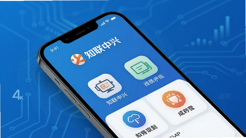 一张展示知联中兴APP主界面的高清概念图,主体为智能手机屏幕,显示知联中兴Logo及核心功能图标,背景为简约科技蓝,布局清晰,排版整洁,风格现代扁平化,细节丰富,画质4k,干净,无多余元素