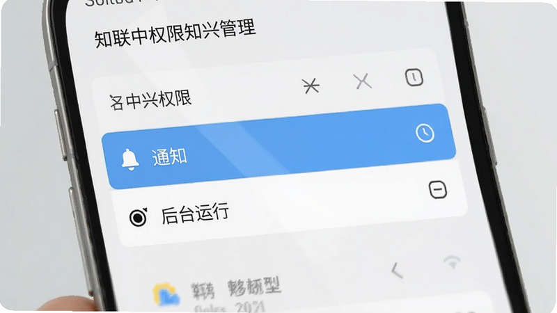 一张展示手机设置知联中兴权限的界面示意图,主体为手机屏幕显示权限管理列表,高亮显示“通知”和“后台运行”选项,背景为浅灰色,布局列表式,排版清晰,风格简洁明了,细节准确,画质高清,干净,无多余元素