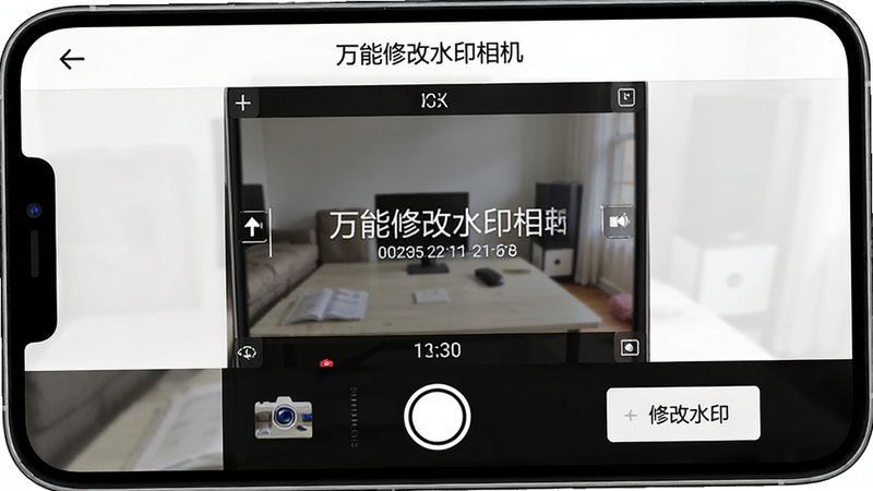 主体为手机屏幕界面,显示万能修改水印相机的主界面,布局清晰,顶部有返回箭头和标题“万能修改水印相机”,中间是相机取景框预览,底部有拍照按钮和“修改水印”功能入口,风格为扁平化UI设计,细节包含时间日期水印示例,画质高清,干净无多余元素