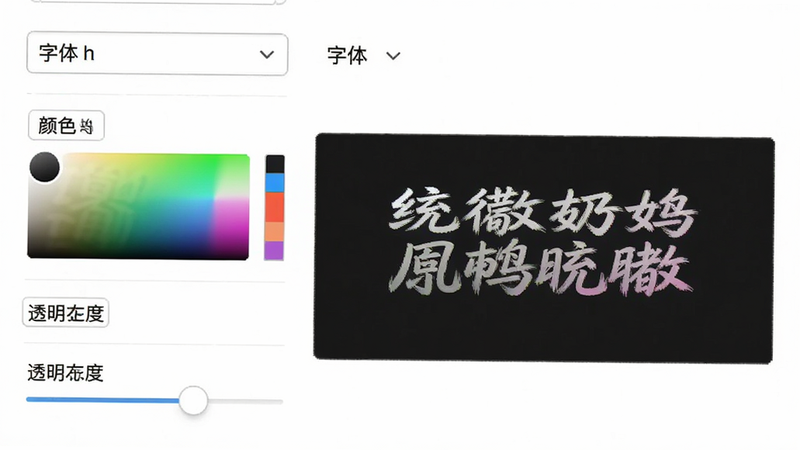 主体为自定义设置界面,显示字体选择下拉框、颜色选择器、透明度滑块等控件,布局为垂直列表,风格简约白色背景,细节包含预览区域显示自定义文字效果,画质高保真,界面整洁