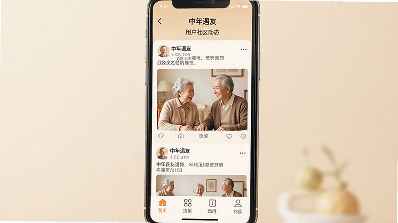 主体为“中年遇友”APP的手机界面展示,背景为柔和的暖色调米色,布局清晰,顶部显示导航栏,中间是用户社区动态流,底部为功能标签栏,排版整齐,风格简约温馨,细节处体现老年友好设计,大字体显示,画质高清,干净,无多余元素,图中文字“中年遇友”清晰可见