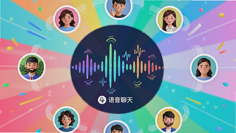 主体为“中年遇友”APP的语音聊天界面,中央显示声波波形动画,周围环绕用户头像,布局中心放射状,风格活泼生动,细节展示声波跳动效果,画质高清,干净,无多余元素,图中文字“语音聊天”清晰可见