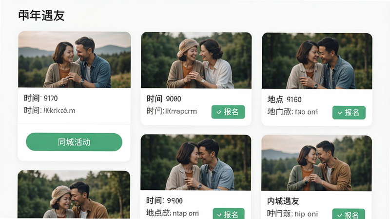 主体为“中年遇友”APP的活动列表页面,显示多个活动卡片包含封面图、时间与地点,布局为卡片式瀑布流,风格清新自然,细节展示活动报名按钮,画质高清,干净,无多余元素,图中文字“同城活动”清晰可见