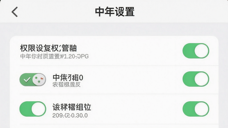 主体为“中年遇友”APP的设置页面,显示权限管理选项列表,布局为垂直列表,风格简洁明了,细节展示开关按钮与说明文字,画质高清,干净,无多余元素,图中文字“权限设置”清晰可见