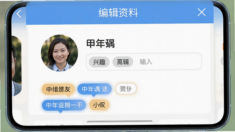 主体为“中年遇友”APP的个人主页编辑界面,显示头像、昵称、兴趣标签输入框,布局为表单形式,风格友好亲切,细节展示标签选择的高亮效果,画质高清,干净,无多余元素,图中文字“编辑资料”清晰可见