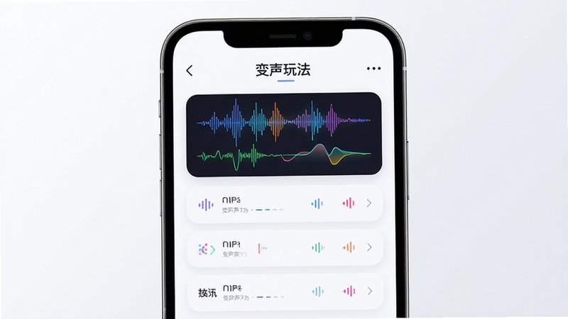 科技感声波波形图,主体为手机界面中的变声选项列表,布局整齐,风格现代简约,细节包含不同颜色的声波曲线,画质高分辨率,干净,无多余元素,文字显示“变声玩法”