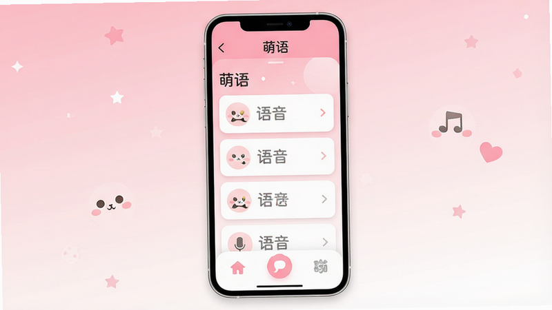 一张展示手机界面的扁平化UI设计图,主体为“萌语”APP首页,布局分为顶部导航栏、中部语音列表卡片、底部功能按钮,风格清新可爱,细节包含柔和的粉色与白色渐变背景,画质高清,干净,无多余元素,文字显示“萌语”