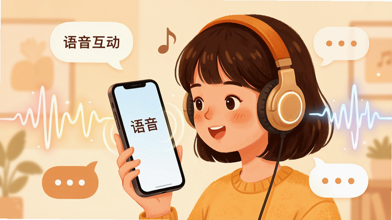 插画风格,展示一个戴耳机的年轻女孩正在对着手机说话,周围环绕着声波线条和对话气泡,布局中心突出手机屏幕,风格温馨治愈,细节包含发光的声波特效,画质精致,干净,无多余元素,文字显示“语音互动”
