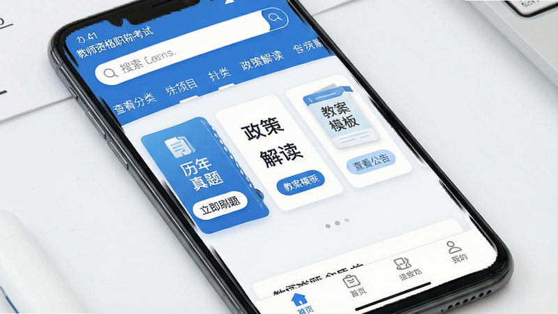 一张高清的UI设计展示图,主体为安卓手机屏幕,界面显示“教师资格职称考试”APP首页。布局整洁,顶部有搜索栏和分类导航,中间区域展示“历年真题”、“政策解读”、“教案模板”三个核心功能卡片,底部有固定的导航栏。整体风格采用教育行业常见的蓝白配色,专业且清新。细节处体现高清图标和清晰的文字排版,画质细腻,无多余装饰元素,呈现出现代移动应用的简洁美感。文字内容需清晰可见,如“立即刷题”、“查看公告”。整体氛围专业、可信、高效。