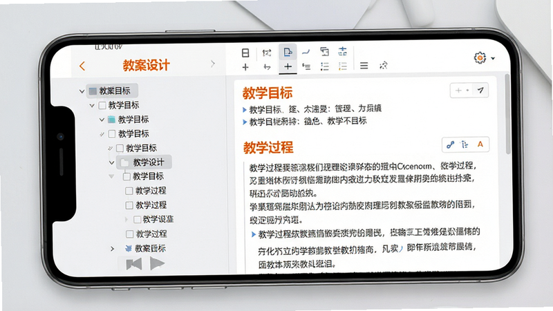 一张教案编辑界面的展示图,手机屏幕显示“教案设计”页面,左侧为目录树状结构,右侧为正文编辑区,内容包含“教学目标”、“教学过程”等标题及详细文本。界面简洁大方,使用浅灰色背景衬托白色内容框,重点标题用橙色加粗显示。画质清晰,文字排版工整,体现专业性。无多余装饰,聚焦于内容本身,传达高效备课的视觉感受。