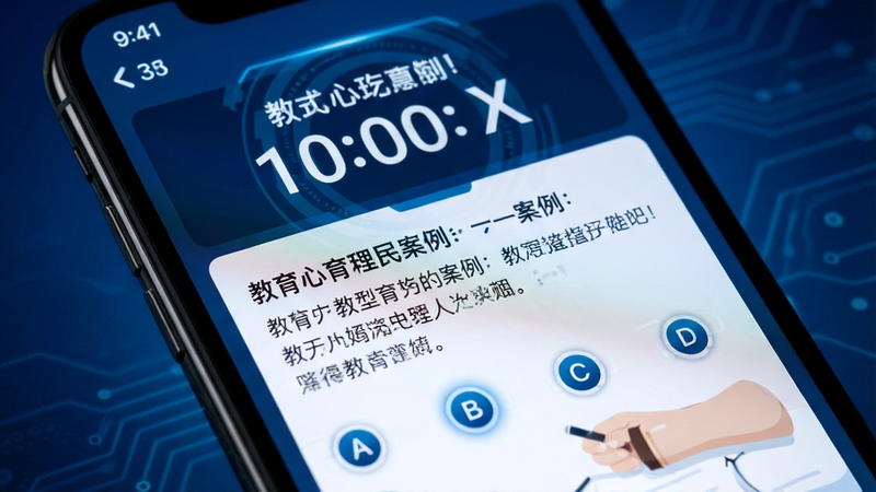 一张模拟考试界面的特写图,手机屏幕显示倒计时和题目区域,题目内容为教育心理学相关案例,下方有选项A、B、C、D。背景为深蓝色渐变,突出紧张专注的考试氛围。界面元素清晰,按钮高亮显示,体现科技感与专业性。画质高清,细节丰富,文字清晰可读,无杂乱背景干扰,聚焦于答题区域,展现沉浸式学习体验。