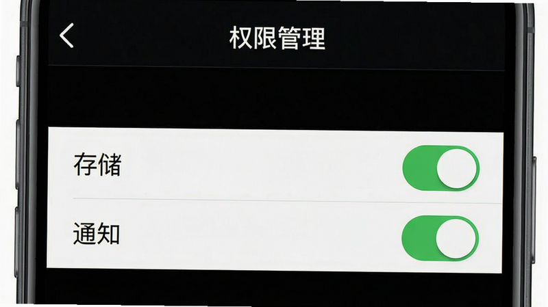 一张手机设置界面的示意图,显示“权限管理”页面,突出显示“存储”和“通知”权限的开关状态。背景为浅色,界面元素清晰,开关按钮为绿色开启状态。画质清晰,细节丰富,体现用户对应用权限的精细管控。无多余元素,聚焦于关键设置项,传达安全、可控的使用体验。