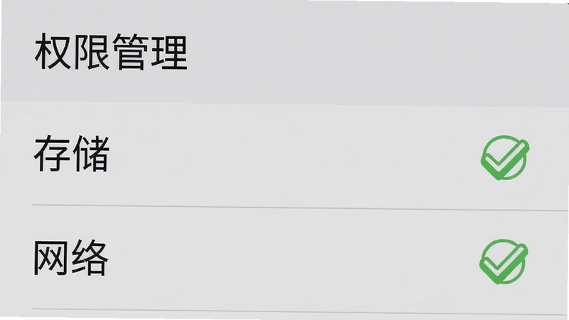 一张手机端设置界面截图,显示“权限管理”选项,其中“存储”和“网络”权限旁有绿色的对勾标记,背景为浅灰色设置列表,文字清晰,风格简洁,画质高清,无多余图标