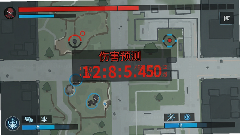 一张战斗模拟界面截图,上方显示敌人血条和位置,下方是玩家干员的技能冷却条,中间有一个红色的“伤害预测”数值跳动,背景是简化的战场地图,线条清晰,风格扁平化,画质干净,无模糊像素
