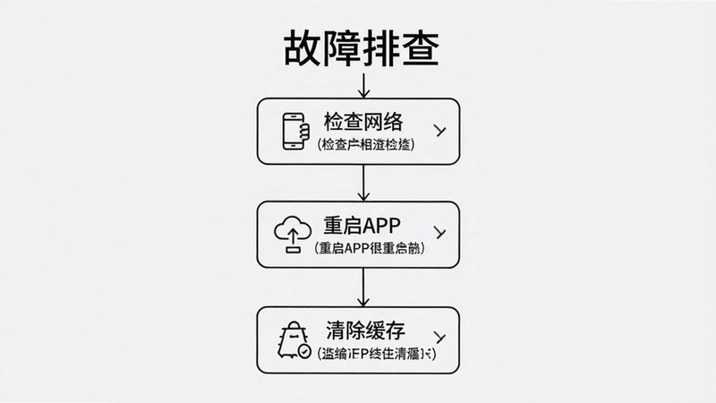 主体为手机故障排查流程图,布局清晰步骤化,排版垂直排列,风格简约线条图,细节显示检查网络、重启APP、清除缓存步骤,画质清晰,干净,文字包含
