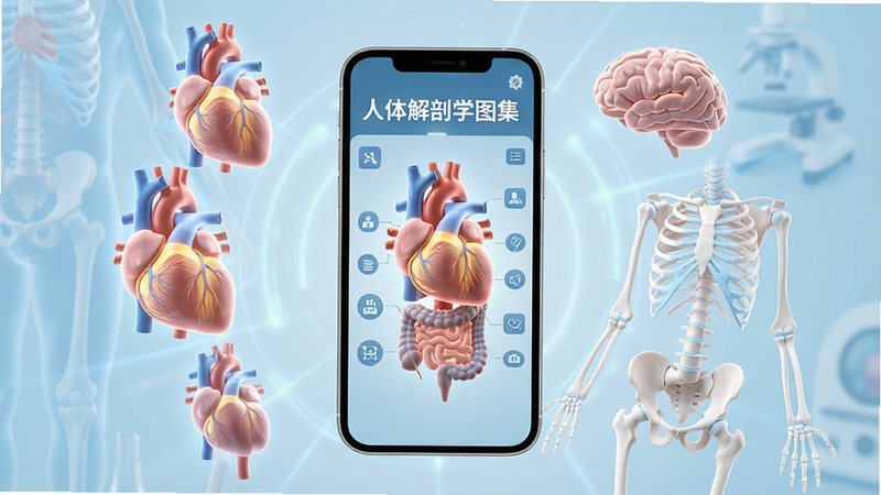 主体为一部现代智能手机,屏幕中央显示着“人体解剖学图集”的应用界面,背景是淡蓝色医学风格。手机周围环绕着半透明的、发光的3D人体器官模型(心脏、大脑、骨骼),呈现悬浮状态。布局呈中心辐射状,排版整洁有序。风格为高科技感与医学专业感结合,细节丰富,光影柔和。画质超高清,干净,无多余元素,文字“人体解剖学图集”清晰可见在屏幕顶部。