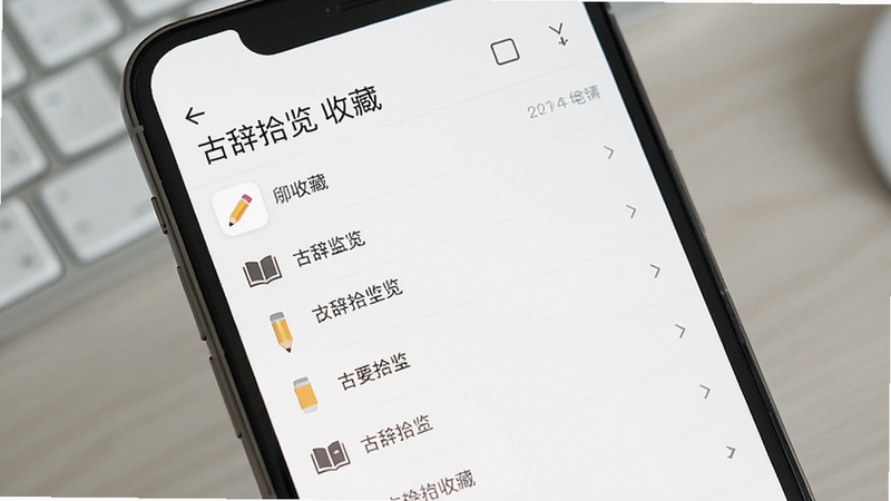 主体为手机屏幕,显示收藏列表和笔记编辑界面,布局为列表式,排版简洁,风格为现代简约,细节处有铅笔图标和书本图标,画质明亮,干净,无多余元素,包含文字