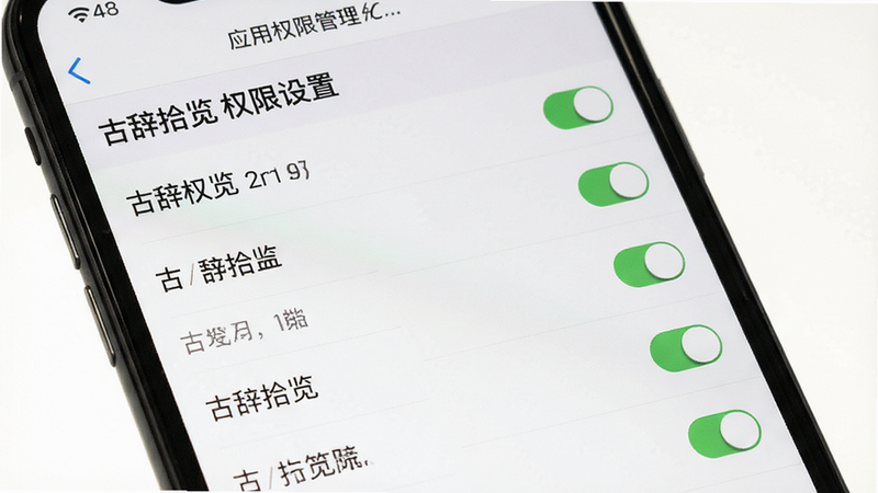 主体为手机设置界面,显示应用权限管理页面,布局为列表形式,排版整齐,风格为系统原生UI,细节处有开关按钮,画质清晰,干净,无多余元素,包含文字