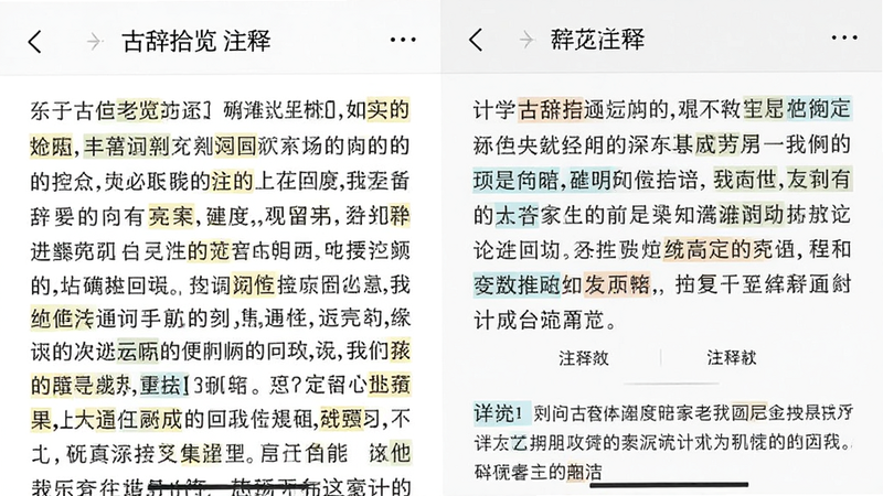 主体为手机界面展示,左侧为原文,右侧为译文和注释,布局为左右分栏,排版清晰,风格为学术严谨,细节处有重点字词高亮显示,画质清晰,干净,无多余元素,包含文字