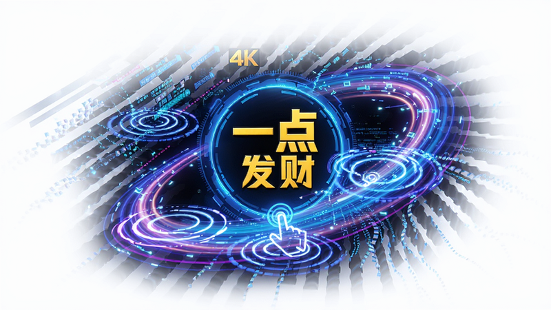 主体为“一点就发财”速度概念图,布局为动态流光线条环绕中心图标,排版呈放射状发散,风格为赛博朋克科技风,细节包含发光的点击涟漪特效与数据流,画质4K,干净背景,无文字