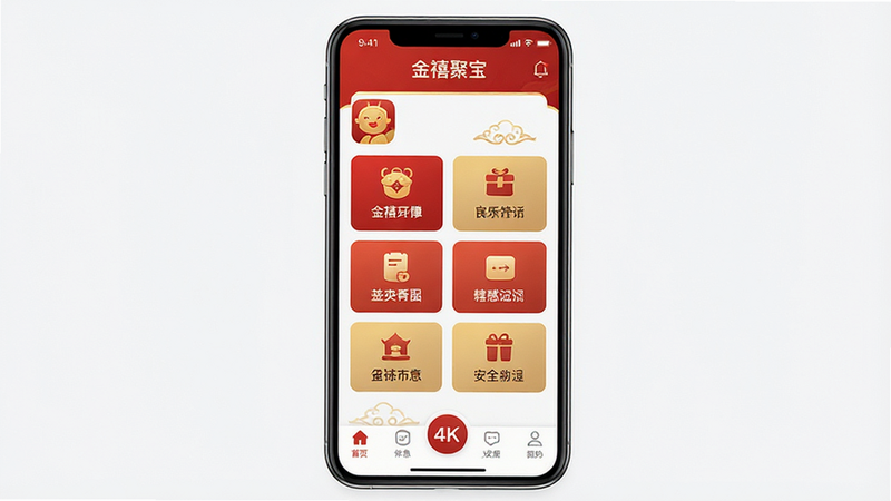 一张高清现代风格的手机界面展示图,主体为“金禧聚宝”APP首页,布局清晰,顶部显示应用名称,中间为核心功能按钮,底部为导航栏,整体色调采用喜庆的红色与金色搭配,背景干净无杂物,画质4K,细节丰富,无多余文字干扰,扁平化设计风格