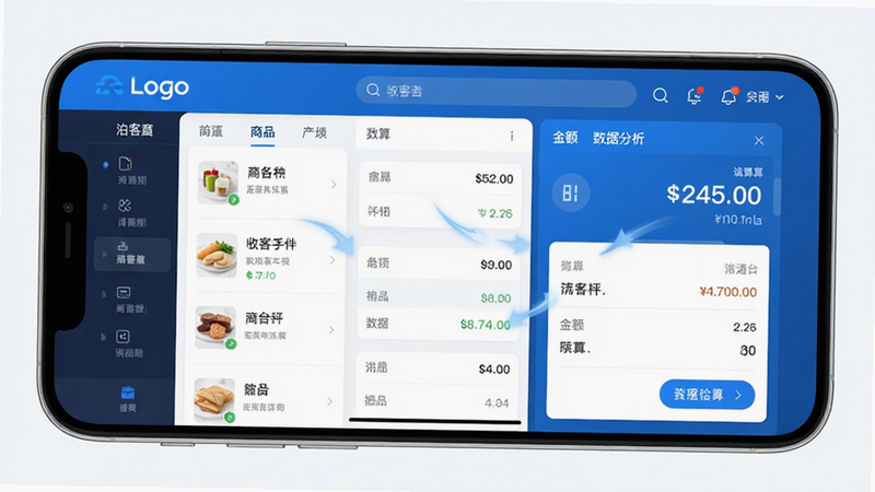 泊客云安卓应用界面全景图,主体为现代简约风格的智能手机屏幕,显示着清晰的收银界面和数据分析仪表盘,布局左侧为商品列表,右侧为金额结算区,顶部显示品牌Logo,整体色调为科技蓝与白色搭配,风格扁平化且专业,细节处展现流畅的UI动效,画质8k高清,干净无多余元素
