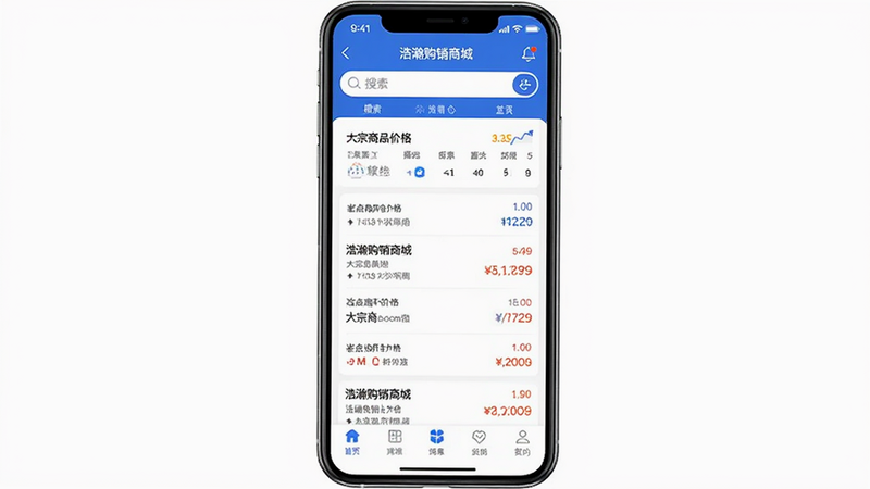 ��嫹����̳� App ����ȫ��ͼ������Ϊ�����ֻ���Ļ����ʾ��ҳ���֣����������������в�չʾ������Ʒ�۸��б����ײ�Ϊ�����������Ϊ�ִ���������ɫ�������壬��࣬�޶���Ԫ�أ����������ɼ�