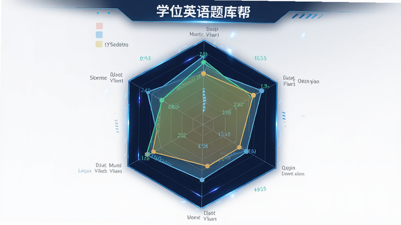主体为数据可视化图表,展示“学位英语题库帮”的弱项分析雷达图,布局呈六边形分布,排版对称平衡,风格为科技感蓝色光效,细节包含不同色块代表不同题型得分率,画质细腻,干净无杂乱线条