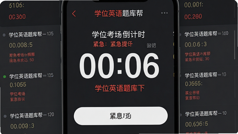 主体为手机界面特写,展示“学位英语题库帮”的模拟考场倒计时界面,布局中心为大号数字时钟,周围环绕题目列表,排版紧凑有序,风格为极简主义深灰背景,细节包含红色紧急提示文字与白色高亮按钮,画质清晰,干净无水印