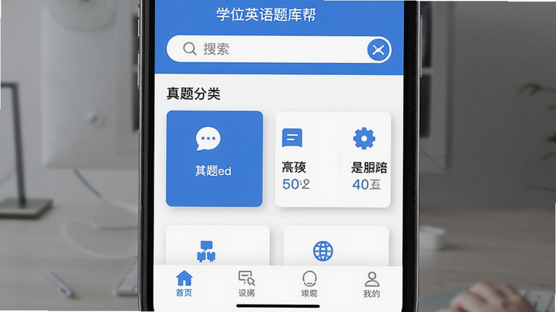 主体为手机屏幕界面,显示“学位英语题库帮”APP首页,布局清晰分为顶部搜索栏、中部真题分类卡片、底部导航栏,排版整齐,风格为扁平化商务蓝白配色,细节包含清晰的文字图标与柔和阴影,画质高清,干净无多余元素